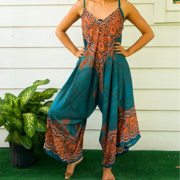 Teal Orange Mandala Boho Yoga Jumpsuit Rompers Pants with Pockets