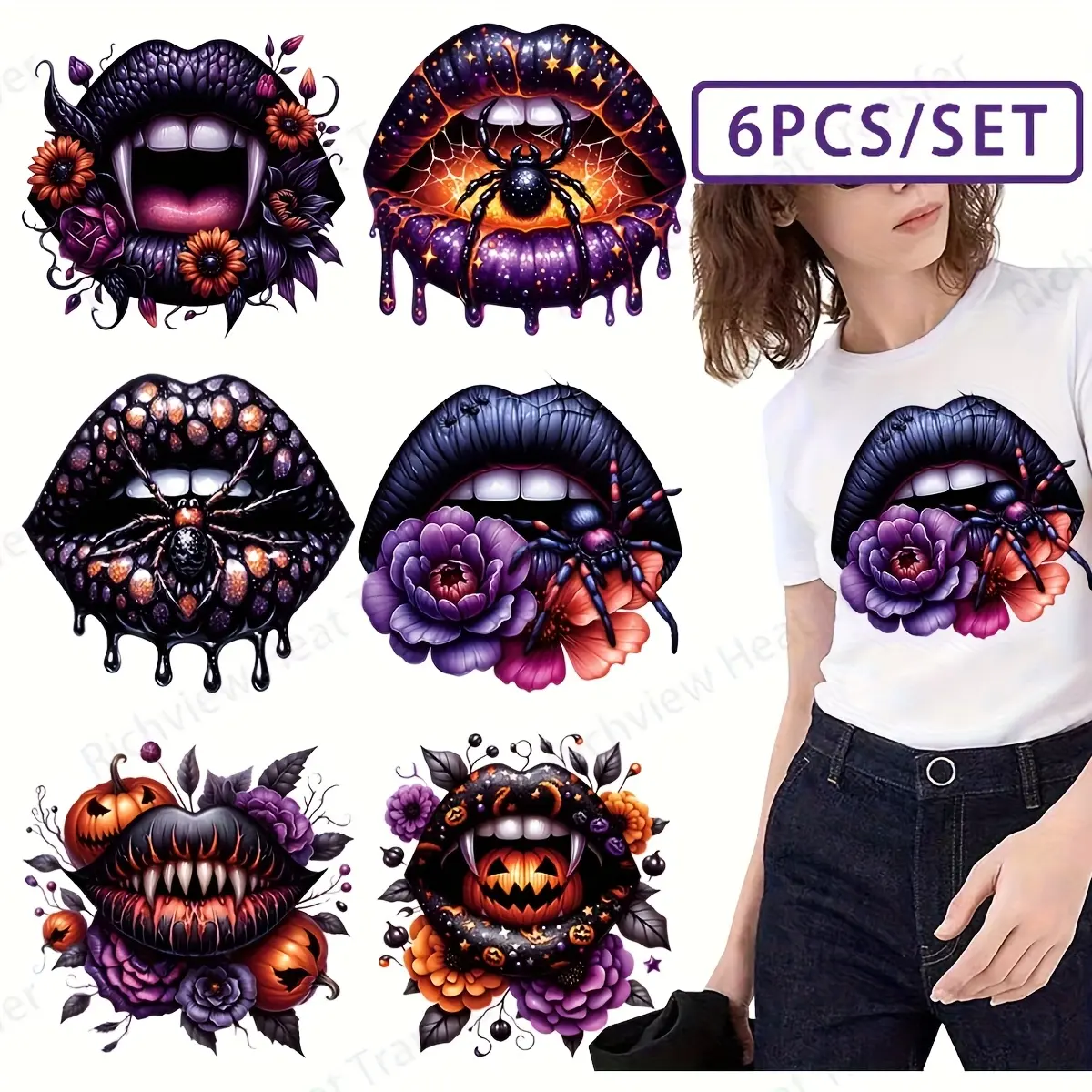 Halloween Iron-On Patches Set, Spooky Lips, Bats, Pumpkins & Floral Designs, Washable Vinyl Stickers for DIY Crafts, Party Decor