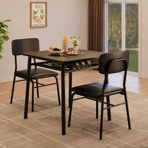 Dining Table for 2 with Storage Rack, Small Kitchen Table for 2 with Metal Frame, Square Table with Upholstered Chairs Set of 2, 3-Piece Dining Room Set for Small Space, Apartment, Brown