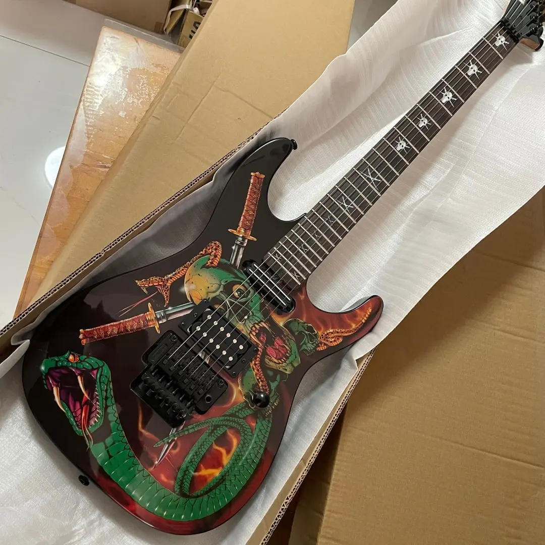 ESP 39 Inch Brown Snake Pattern Electric Guitar, Solid Wood Body, Double-Coil Tremolo, 24-Fret, Rosewood Fretboard, Black Hardware
