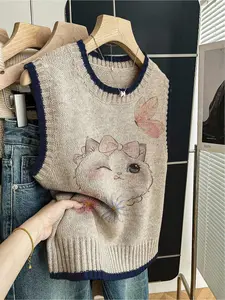 1 piece Spring and summer back-to-school casual loose round-neck sleeveless woolen dark blue border contrasting color patchwork cat print women's knitted top women's outerwear, paired with a vest, worn alone, Minimalist Fitted Vest