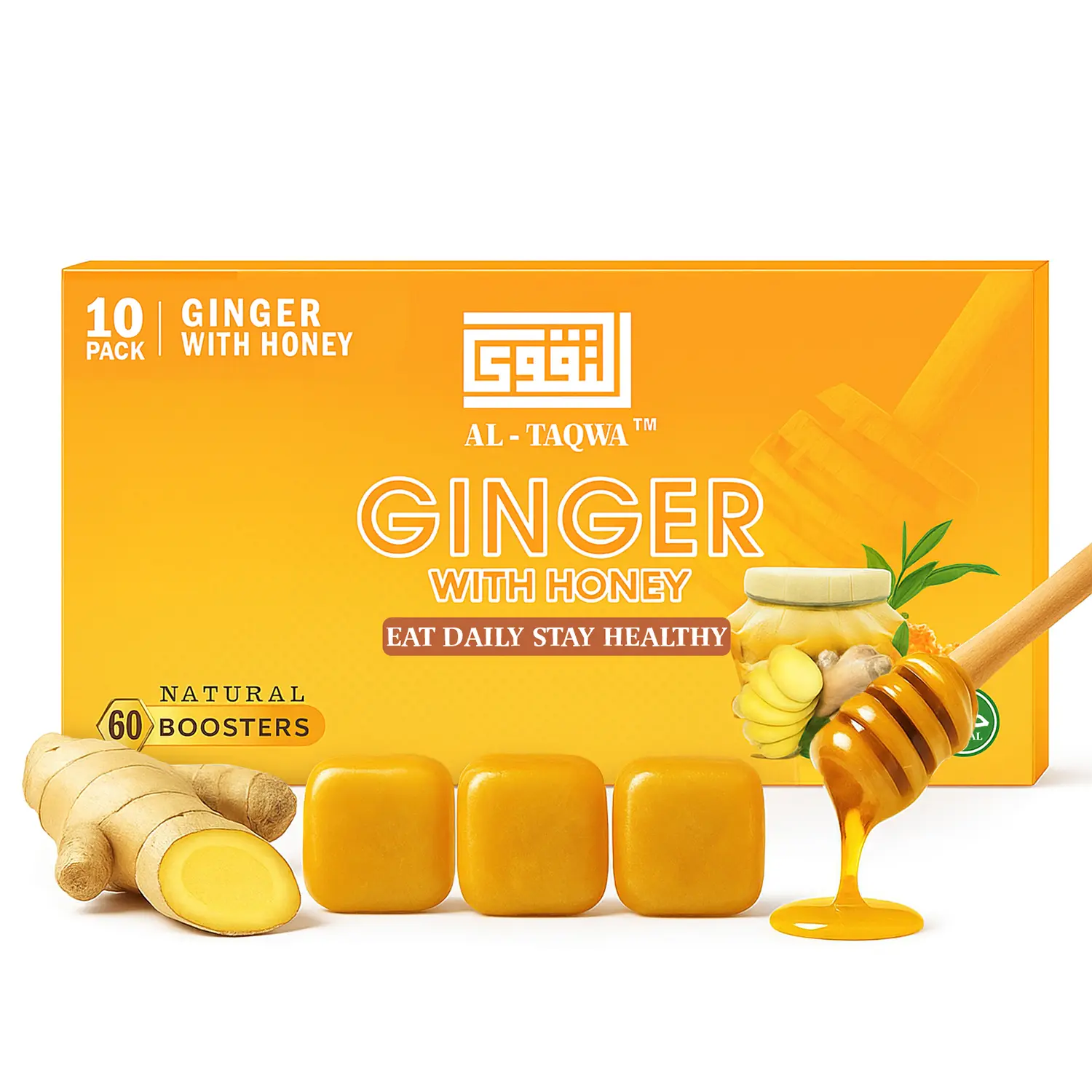 Al-Taqwa Ginger Candy with Honey – All Natural, Sweet & Spicy Flavor, 60 Pieces, Portable Blister Packs Snack Bonbon