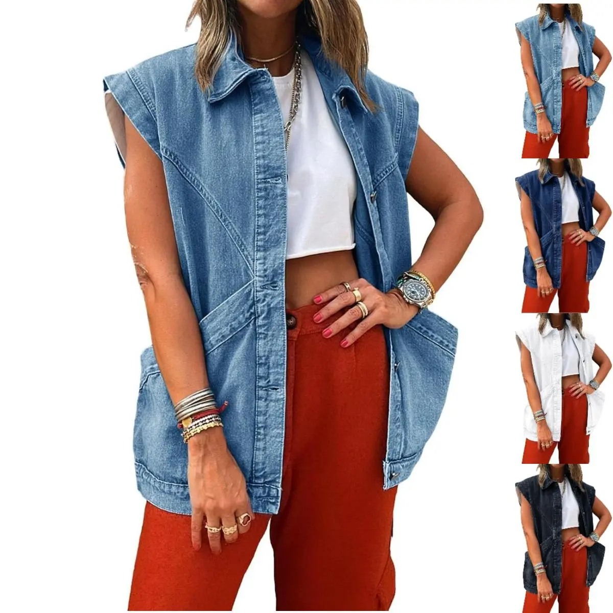 Imily Bela Womens Oversized Sleeveless Denim Vest Classic Button Down Jean Vest Casual Utility Lapel Jean Jacket
