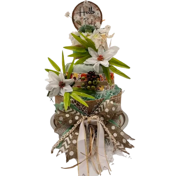 Three Tier Diaper Cake with Faux Flowers & Swaddling Blanket - Gender Neutral Decorative Centerpiece for Baby Showers