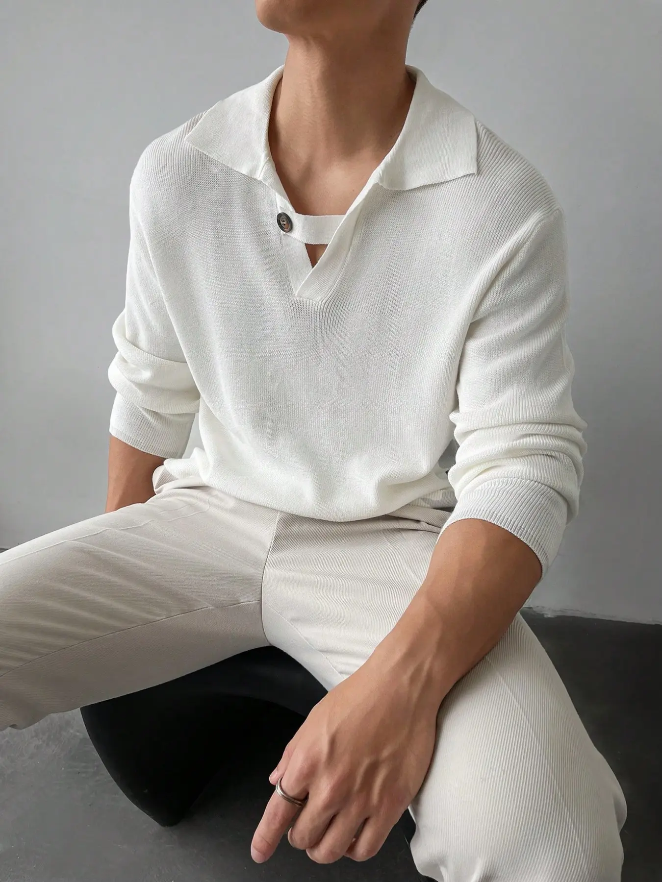 Men's Autumn Winter High-End Texture V Neck Single Button Hollow Out Knit Sweater, Gentle Boyfriend Style Top, Knitwear