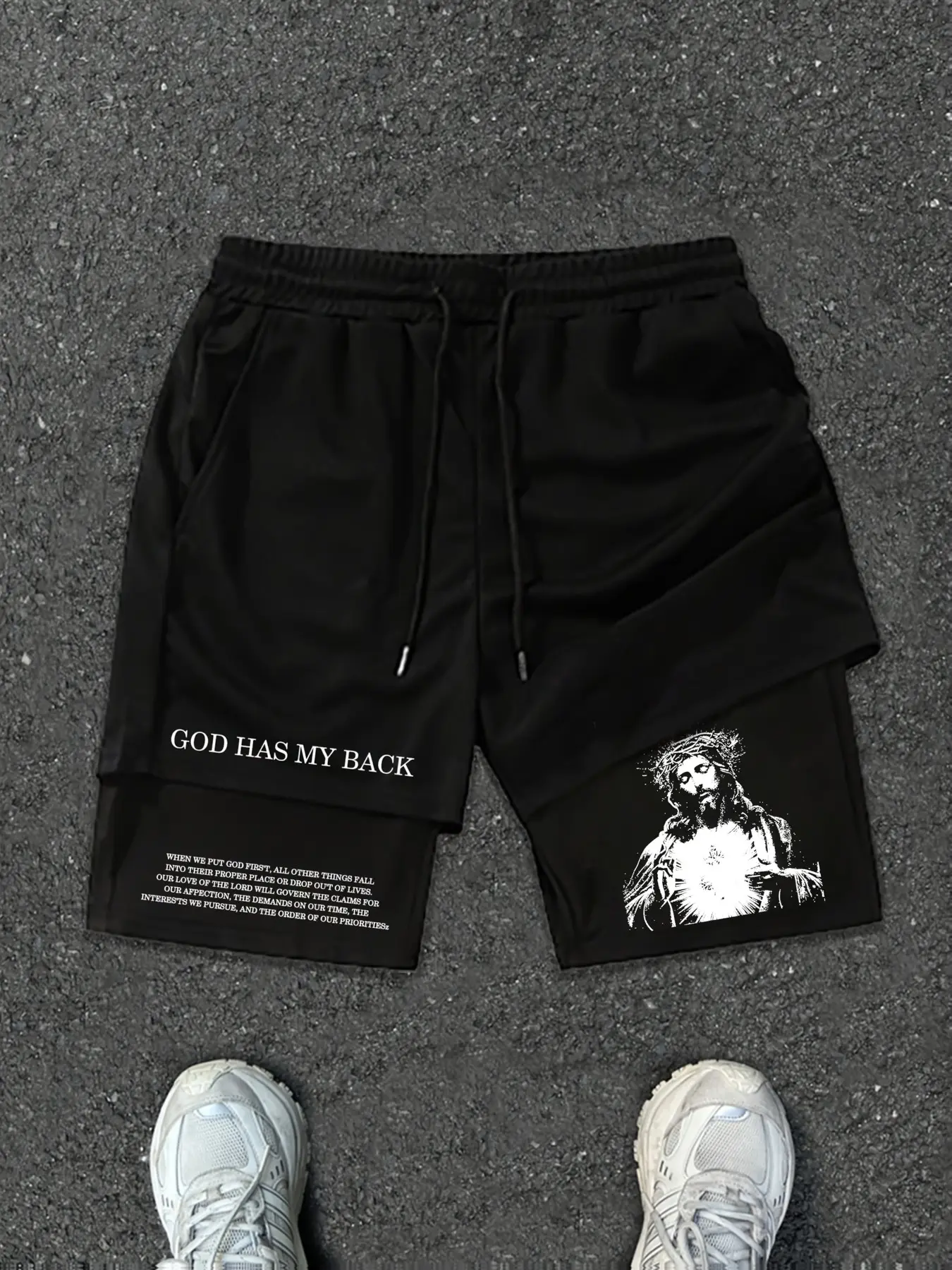 Men's Casual Outdoor Two-Piece Sport Shorts, Jesus & Letter Print, Summer Running Training Gym Breathable Fashion Versatile Shorts, Lightweight Athletic Shorts, Fitness Shorts, Athleisure Casual Shorts, Graphic Print Shorts