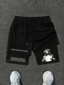 Men's Casual Outdoor Two-Piece Sport Shorts, Jesus & Letter Print, Summer Running Training Gym Breathable Fashion Versatile Shorts, Lightweight Athletic Shorts, Fitness Shorts