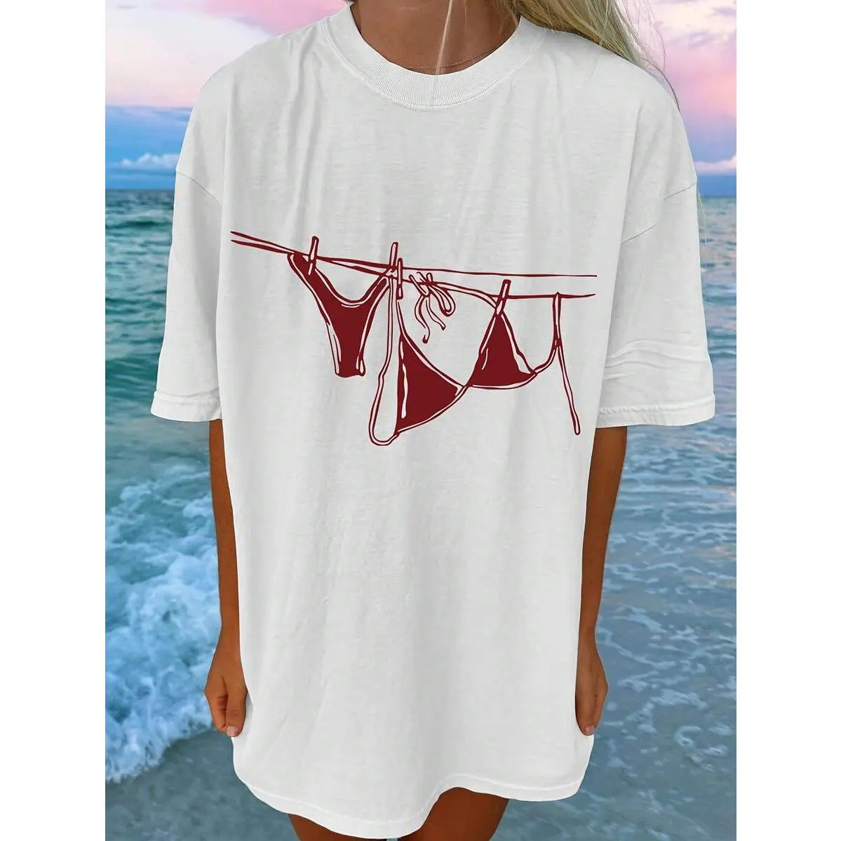 Women'S Bikini Graphic T-Shirt - Beach Vacation Swimwear Top, Lightweight Crew Neck Summer Shirt For Poolside, Casual Outfits - White With Red Bikini Print - Everyday Summer Clothing, Poolside Attire, Playful Design,
