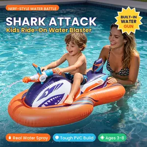 Inflatable Shark Pool Float with Built-In Water Gun Ride-On Water Toy for Pool Party Beach Backyard and Lake Fun