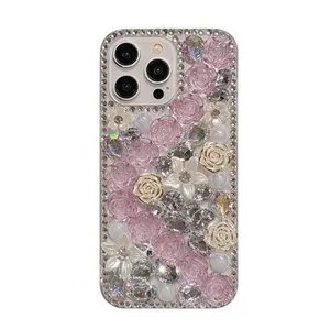 Full Diamond Rose Flower Phone Case for iPhone 17 15 14 13 Luxury Bling Rhinestone Shockproof Protective Cover for Women