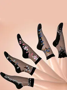Women's 5 Pairs Floral Print Contrast Mesh Crew Socks Summer Clothes, Fashion Mid-calf Socks for Summer, Breathable Comfy Fitted Socks for Daily Wear, Breathable Fabric Socks