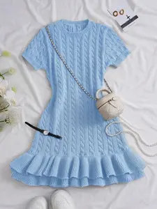 Trendy Short Sleeve Knit Dress for Women, Summer New Round Neck Slim Fit High-End Style, Unique Design Cable Texture Elegant Casual Dress