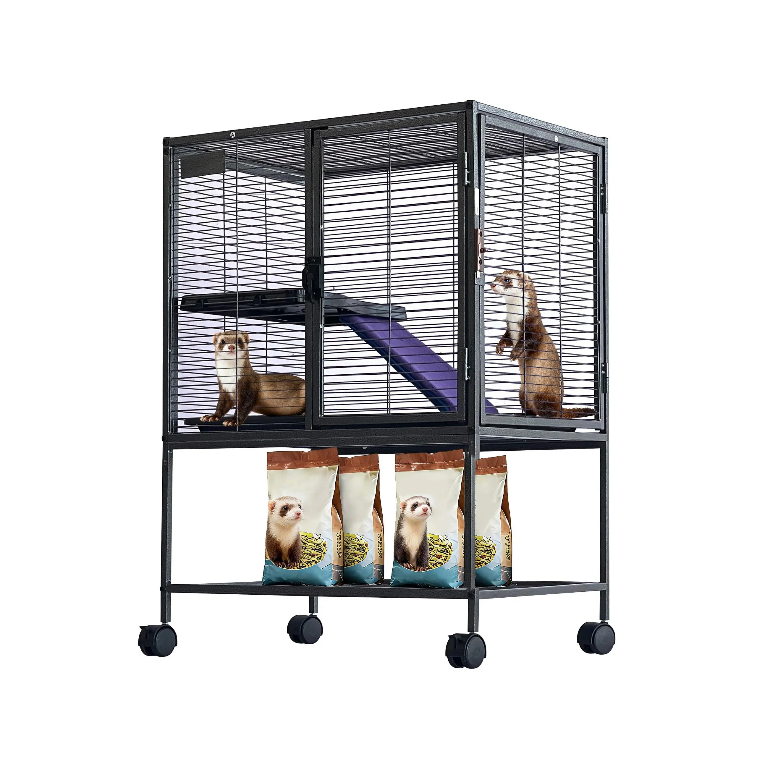 GARVEE Metal Frame Small Animal Cage Set, 34" Height Multi-Level Ferret Cage with Ramp, Extra Storage Stand, Removable Tray for Chinchilla, Rabbit
