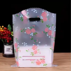 50 Pack reusable thank-you bags/pink rose flower plastic thank-you bags with handles-reusable retail and grocery handbags, suitable for boutiques, gifts and packaging, suitable for men and women.