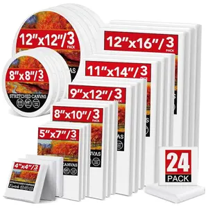 24 Pack Canvases for Painting with 4"x4", 5"x7", 8"x10", 9"x12", 11"x14", 12"x16", Round Canvas with 12"x12", 8"x8", 3 of Each, Painting Canvas for Oil & Acrylic Paint.