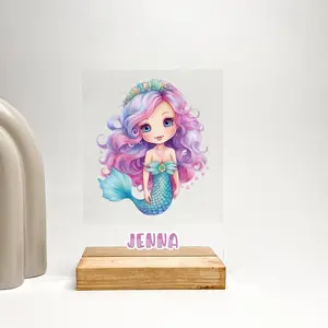 Personalized Acrylic Mermaid Display with Wood Stand – Custom Colorful Magical Princess Room Decor Gift for Girls, Toddlers, Kids Birthday, Nursery or Desk Decoration