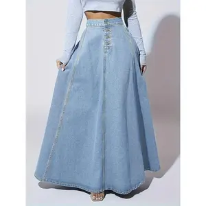 Elegant washed denim skirt, high-rise button-fly A-line maxi skirt, women’s clothing fabric cotton flared woven skirts
