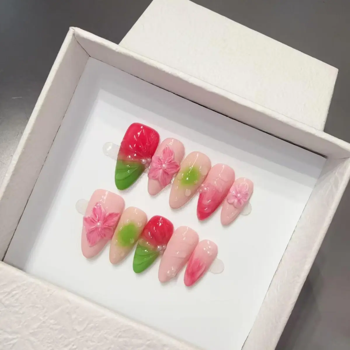 Three-dimensional carved floral translucent handmade nail art with pure handcrafted wearable nail tips