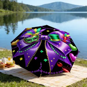 Portable folding umbrella The umbrella features a purple bow with beads, a green mask adorned with feathers, and a vibrant green top hat. Suitable for daily travel use, holiday Gift