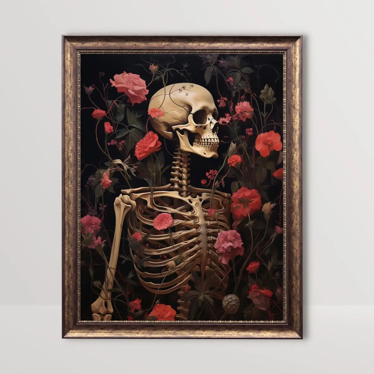 Dark Cottagecore Goth Print, Floral Skeleton, Flower Skull Vintage Oil Painting Gothic Home Decor Moody Botanical Wall Art Printable Poster