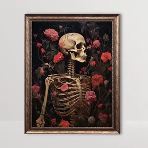 Dark Cottagecore Goth Print, Floral Skeleton, Flower Skull Vintage Oil Painting Gothic Home Decor Moody Botanical Wall Art Printable Poster