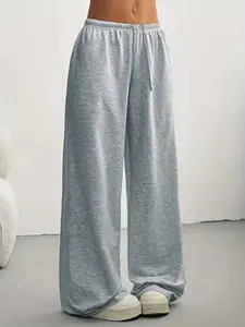 Women's Wide Leg Sport Pants, Elastic Waistband & Drawstring Design, Loose Fit Long Trousers, Casual & Elegant, Plain Color