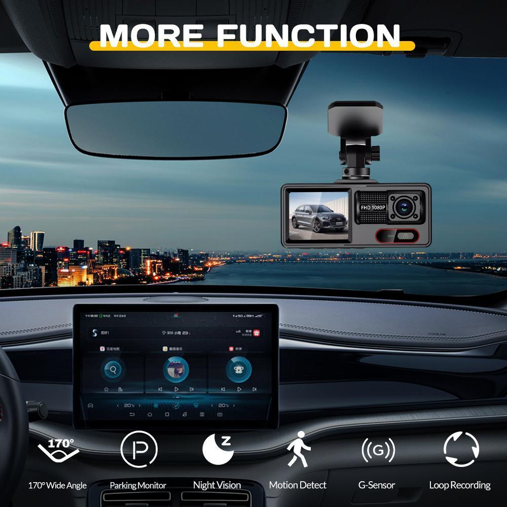 3 Channel Dash Cam with WiFi & App Control – 1080P+720P, 170° Wide Angle, 24H Parking Monitoring, Loop Recording, Motion Detection, Night Vision 3 Channel Dash Cam with WiFi & App Control – 1080P+720P, 170° Wide Angle, 24H Parking Monitoring, Loop Recording, Motion Detection, Night Vision