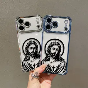 Jesus cross pattern electroplated four-corner airbag anti-drop mobile phone case. Suitable for iPhone 17 Pro Max 16/15/14/13/12/11 Pro Max. Transparent protective case with airbag shock absorption function.