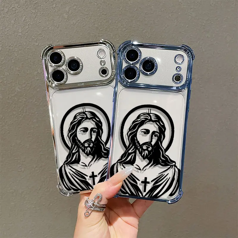 Transparent Electroplated TPU Cellphone Cover, Jesus Cross Design, 4-Corner Airbag Anti-Drop Shockproof Protection, Drop-Proof Phone Case Compatible with iPhone 17/16/15/14/13/12/11 Pro Max Mobile Accessories, Casing
