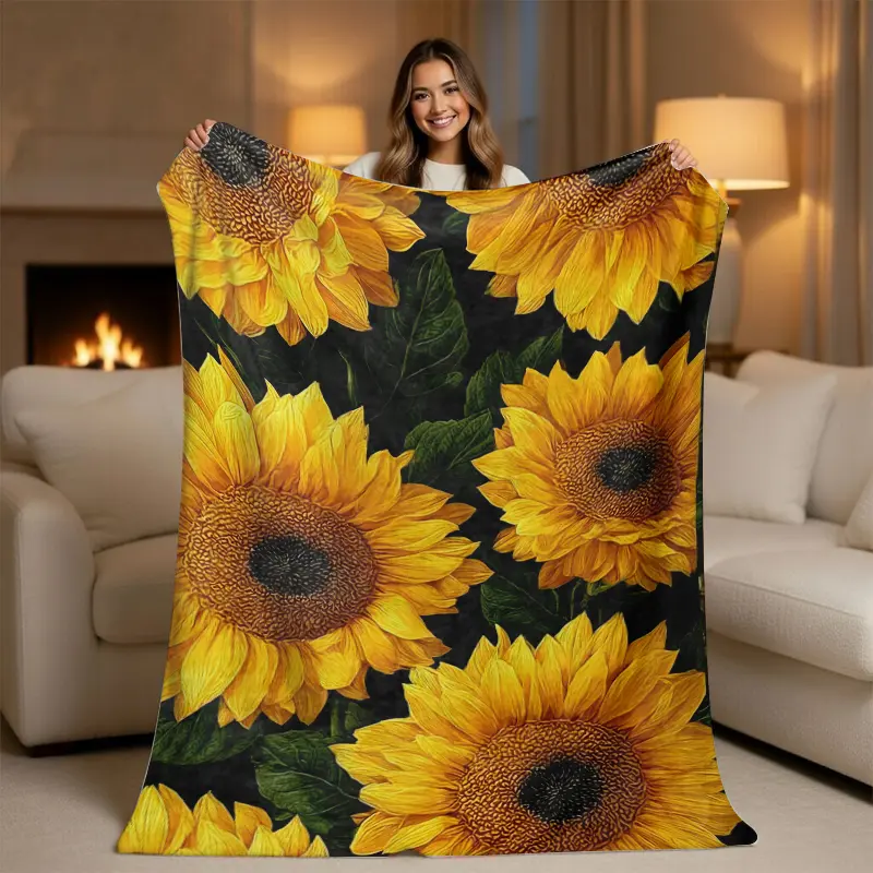 Vibrant Sunflower Fleece Blanket - Cute Yellow Floral Black Throw for Couch, Bed, Country Sunshine, Floral Design, Fluffy Fabric Blanket, Cozy Aesthetic Room Decor Gift, Country Sunshine Blankets, Floral Design Blankets
