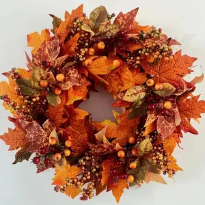 Extra Large 40cm Autumn Harvest Wreath, Burgundy Golden Maple Leaves, Plastic Door Decor for Holidays, Maple Leaf Wreath, Seasonal Wreath