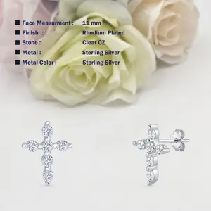 11mm Cross Stud Earring Cubic Zirconia 925 Sterling Silver Women Round Earring