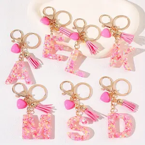 1pc Pink Heart Tassel Resin Keychain with Alphabet Charm, A-Z Letter Key Ring, Lobster Clasp, Decorative Ladies Keychain, Keychain for Bags for Birthday Festival Gift