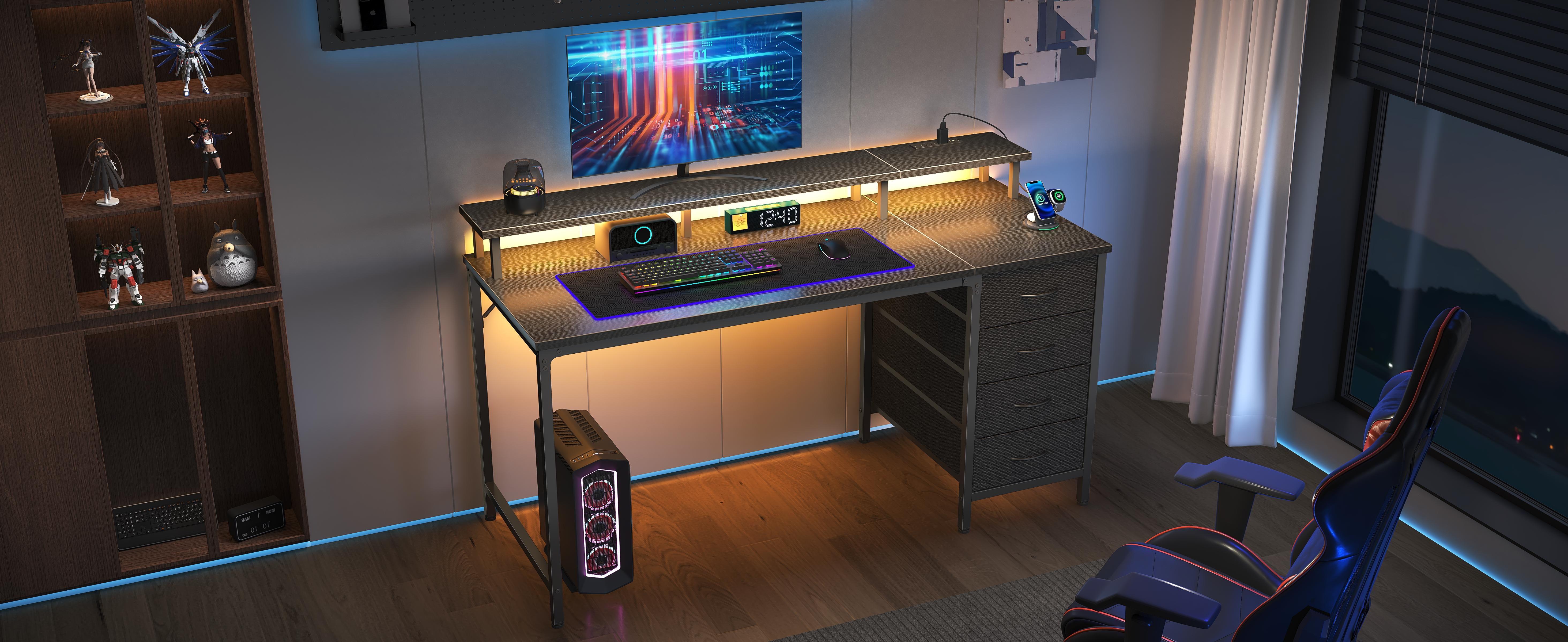 Computer Desk with Power Outlets and LED Lights, Gaming Desk with 4 Drawers, Office Desk with Monitor Stand, Study Work Home Office, Small Spaces, Black