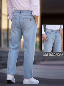 Men's Loose Fit Straight Leg Jeans, Thin Summer Casual Long Pants, American Vintage Style, Plain Pattern, Comfortable Denim