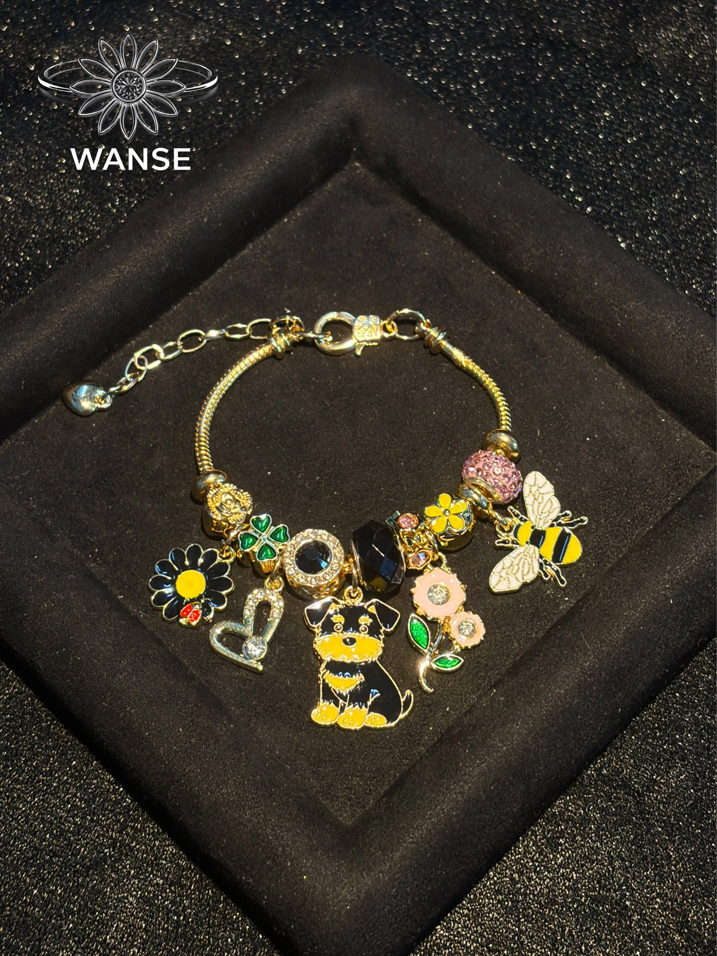 Gold Tone Snake Chain Charm Bracelet for Women, Cute Schnauzer Dog & Bumblebee Enamel Dangle Charms Bracelet with Daisy, Flower, Heart & Crystal Beads, Adjustable Stackable Fashion Wrist Jewelry, Animal Lover Gift
