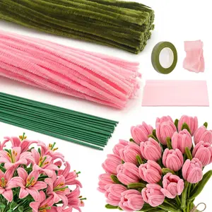 Pipe Cleaner Flower Kit for Wedding and  Decoration, Including  and Green Chenille Stems, Floral Stem, Gardening Tape, Ribbon for Making