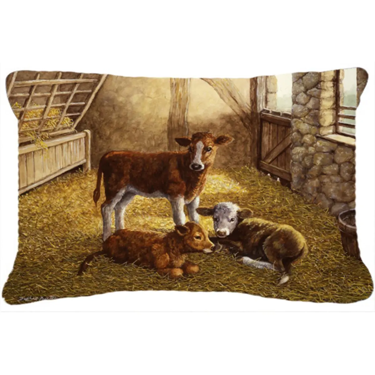 Decorative Fabric Pillow with Cows & Calves in the Barn Design, 100% USA Made Domestically Produced for Home, Garden, Outdoor Sofa Furniture