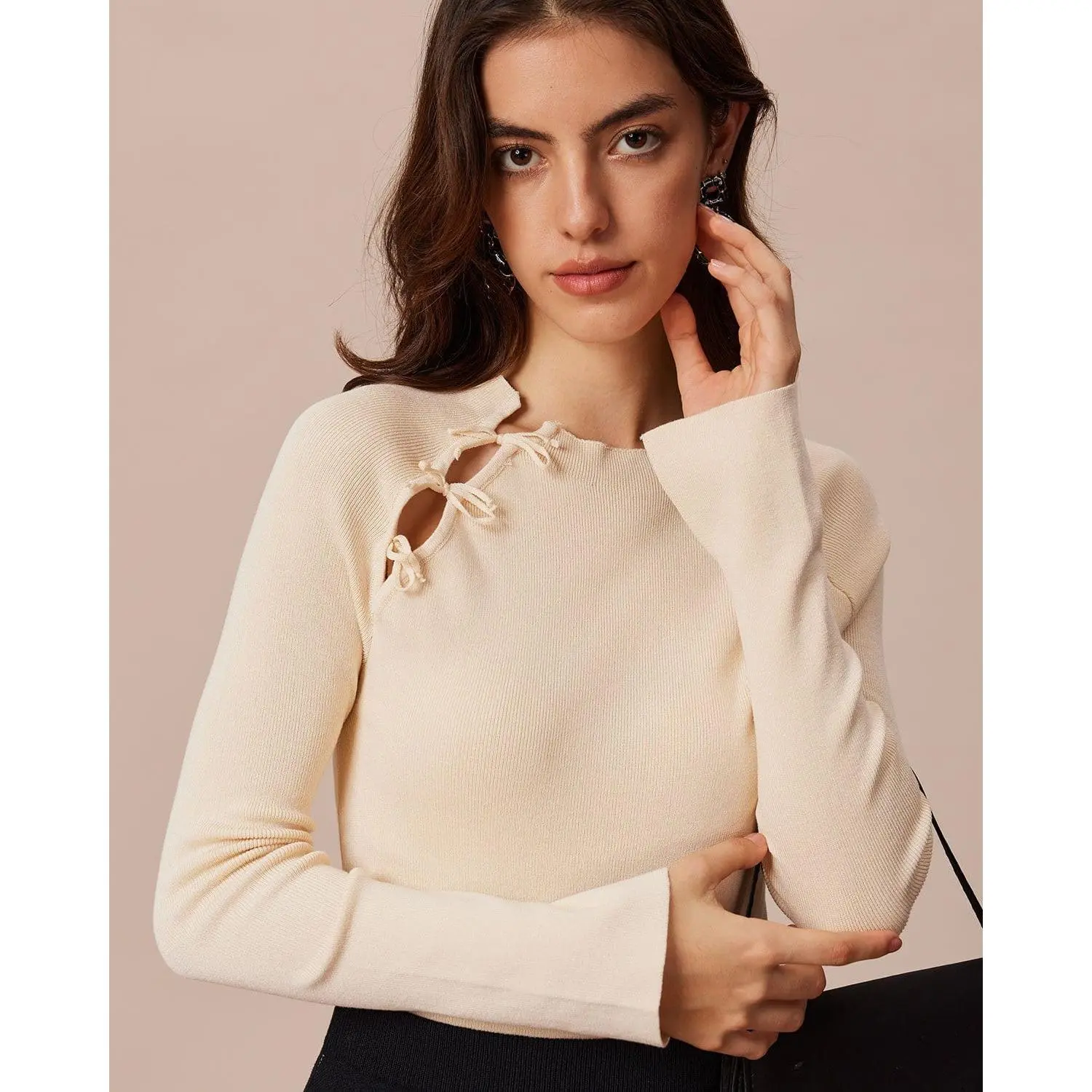 RIHOAS Lady's Beige Viscose Ribbed Round Neck Long Sleeve Basic Knit Top Slim Fit, Cut Out Bowknot, Side Slit, Feminine Casual Love Inspired Everyday Wear, Comfortable Fabric