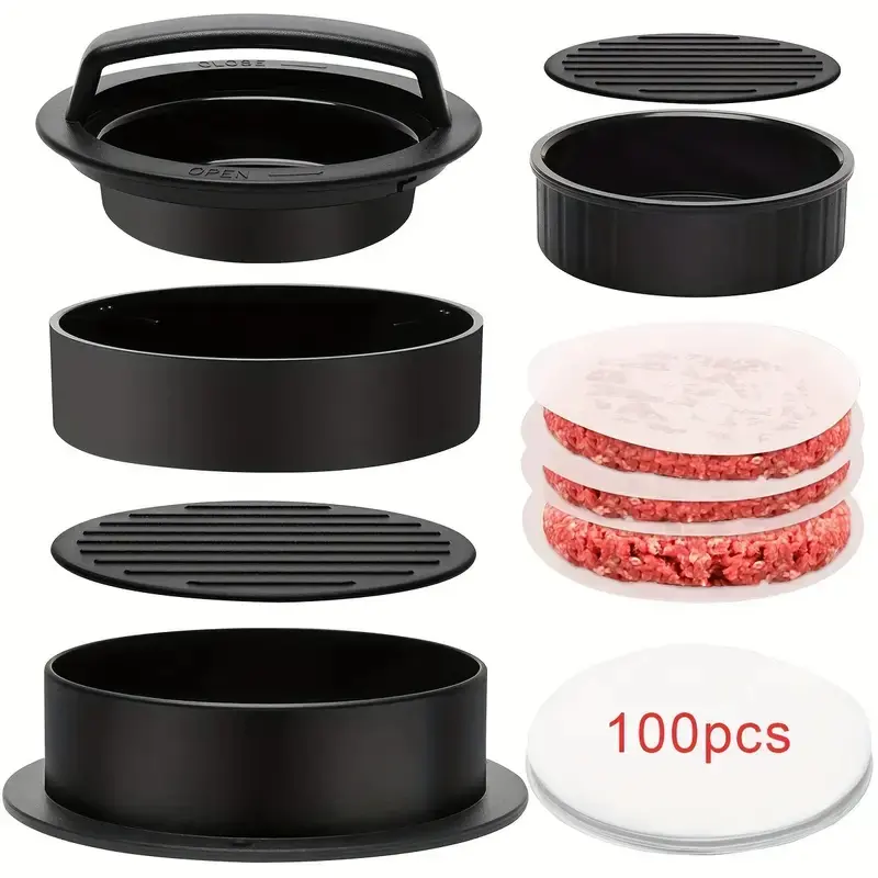 Hamburger Press Mold, Burger Patty Maker with 100 Sheets Hamburger Paper, Non-Stick Sliding Shaped Molded Beef Hamburger Press (), BBQ Grilling Filling Burger Press, Cooking Utensils, Barbecue Accessories, Kitchen Tool, Kitchen Gadget