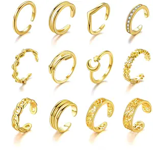 12PCS Adjustable Toe Rings for Women Plated CZ Chain Arrow Moon Hallow Open Toe Ring Set for Women Summer Beach Foot Jewelry
