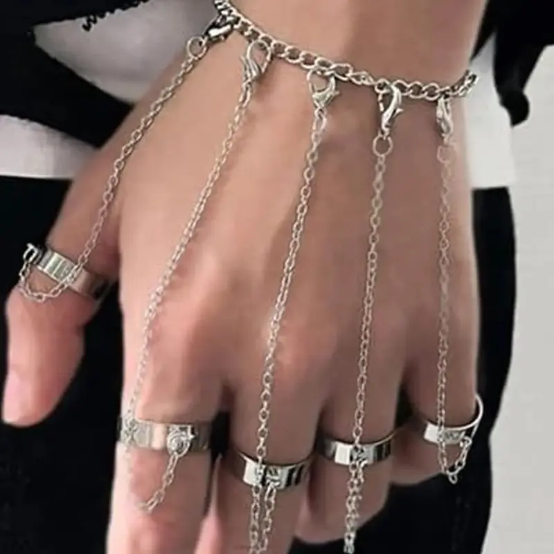 Punk Tassel Bracelet with Slave Finger Rings, Gothic Hand Harness Hip Hop Kurapika Chain for Women, Stylish Accessory, Bracelet Set, Punk Style Jewelry, Gothic Witch Jewelry, Alloy Jewelry