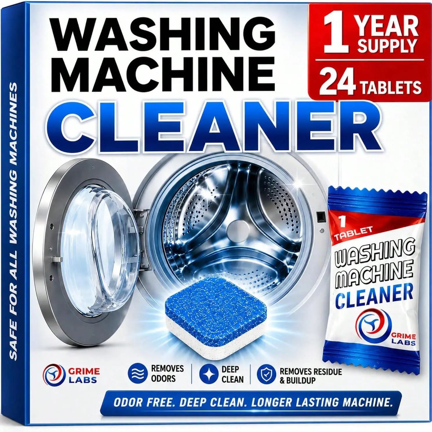 Washing Machine Cleaner Tablets - Penetrating Deep Clean Washer Cleaner Tablets For Front Loader And Top Load HE - Active Formula Tub Descaler Deodorizer