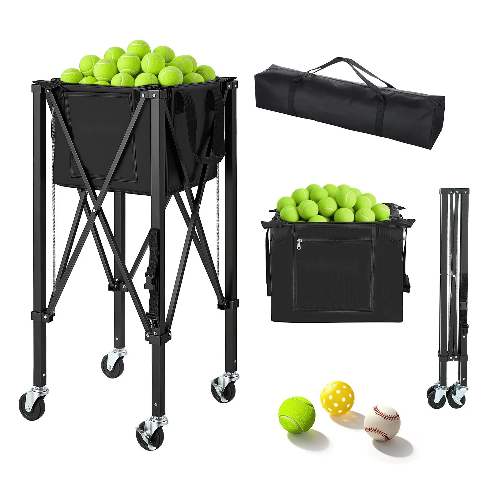Tennis Ball Hopper Holds 120 Balls, Foldable Basket Cart With Wheels For Easy Collection, Lightweight Aluminum Alloy Portable Ball Caddy, Pickleball And Tennis Ball Storage Bag, Perfect For Training, Practice, And Gym