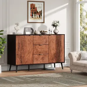 YJ-Garvee 51 Inch Farmhouse Sideboard Buffet Cabinet with Storage, Rustic Wood Kitchen Cabinet Featuring Drawers & Shelves, Coffee Bar Station for Dining and Living Rooms, Brown Finish