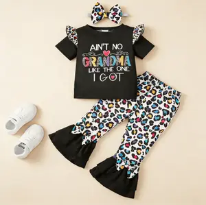 Ready Stock Baby Girls Autumn Stylish Letter Graphics Winter Ruffle Sleeve Shirt Leopard Flare Pants Headband 3Pcs Clothing Set From 6m-3y Black 132408036