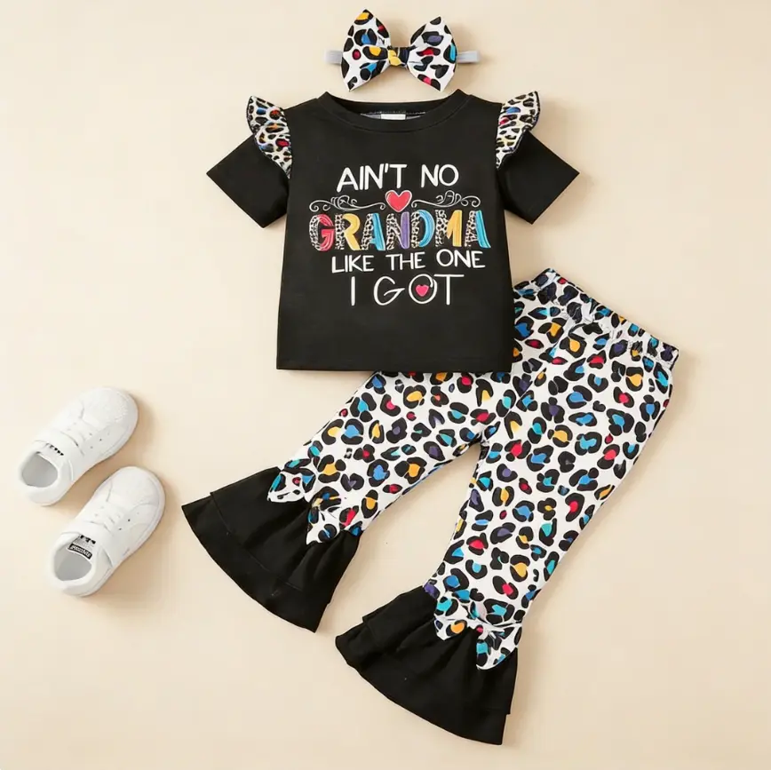 Baby Girls Summer Stylish Letter Graphics Mothers Day Gift Ruffle Sleeve Shirt Leopard Flare Pants Headband 3Pcs Clothing Set From 6m-3y Black 132408036