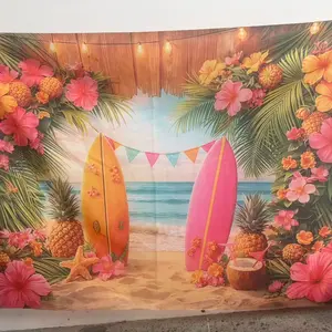 1PC, Aloha Summer Tropical Beach Backdrop, Yellow and Pink Surfboard Theme Photography Background with Flowers and Pineapples, Durable Polyester Fabric, Suitable for Photo Booth, Birthday Party, Luau Celebration and Indoor Outdoor Home Decor, Wall Decor