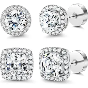14K Flat Back Round Square Stud Earrings for Men Women Large Cubic Zirconia Flatback Stud Earrings