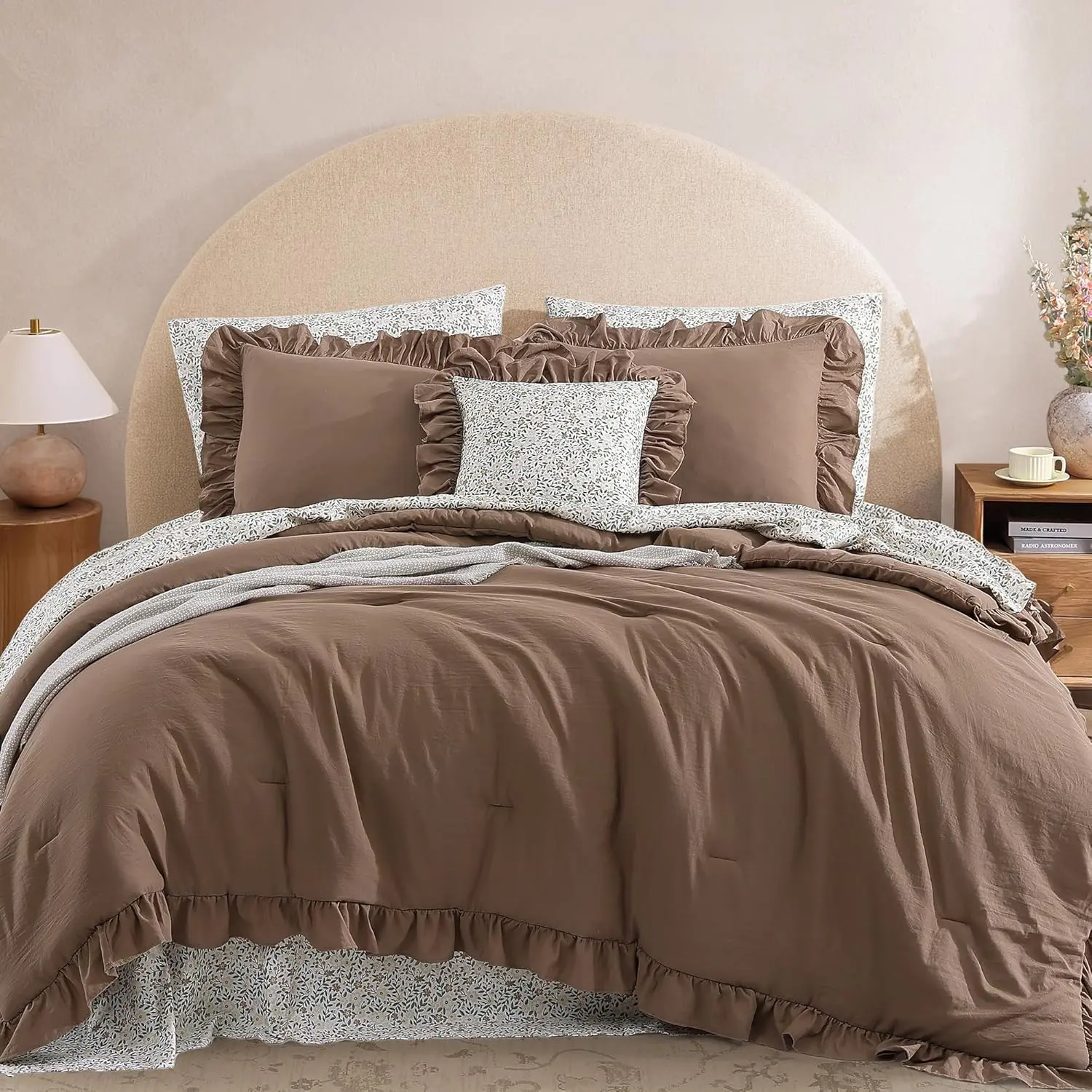 Queen Ruffle Comforter Set 7 Piece Amber Brown Shabby Chic Farmhouse Bedding Set Floral Bed in a Bag Soft Cozy Bedroom Decor with Sheets Pillowcases